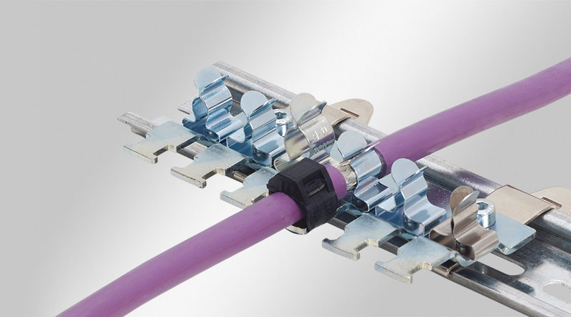 EMC屏蔽夾排組，用于35 mm H型DIN導(dǎo)軌，通過卡扣式結(jié)構(gòu)固定